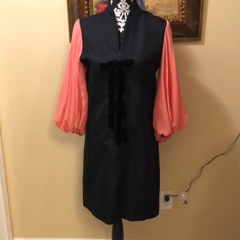 🎀Dovima Paris Silk, Velvet criss cross top bow, chiffon sleeves sheath dress